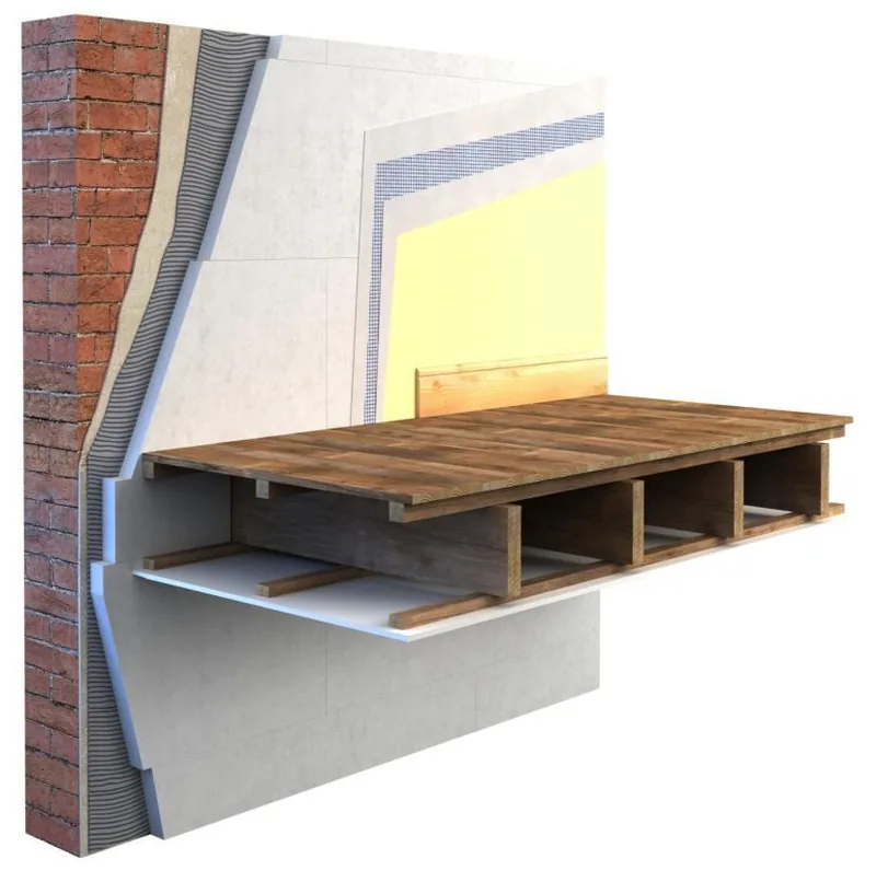 Cutaway detail of internal wall insulation carried through a floor void