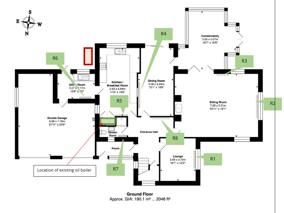 Ground-floor services map of Orchard House showing consumer unit, meters and emitters logged room by room